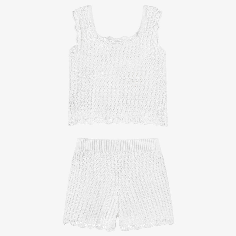 iDO-Girls White Cotton Crochet Knit Shorts Set | Childrensalon Outlet