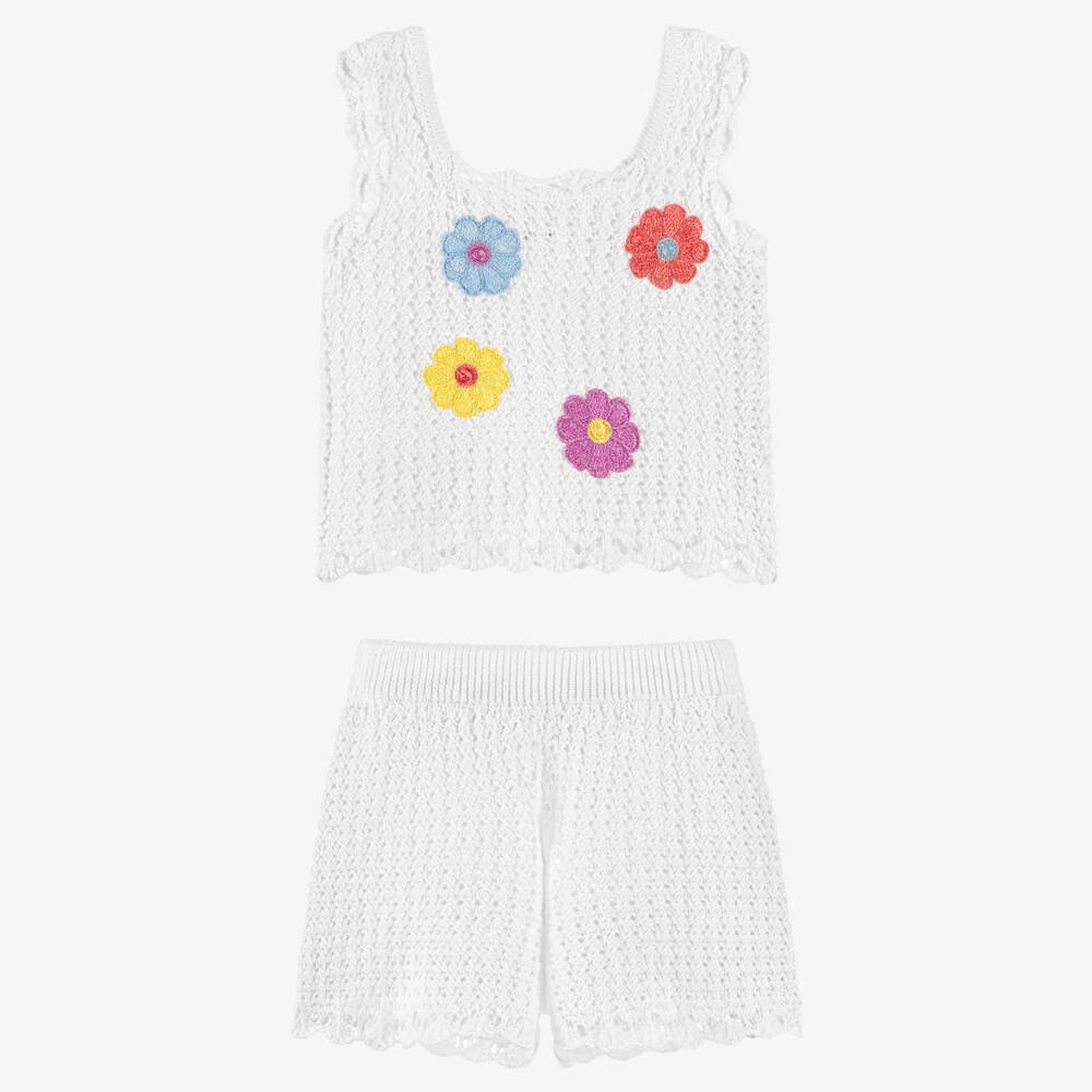 iDO-Girls White Cotton Crochet Knit Shorts Set | Childrensalon Outlet