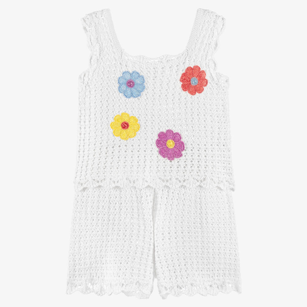 iDO-Girls White Cotton Crochet Knit Shorts Set | Childrensalon Outlet