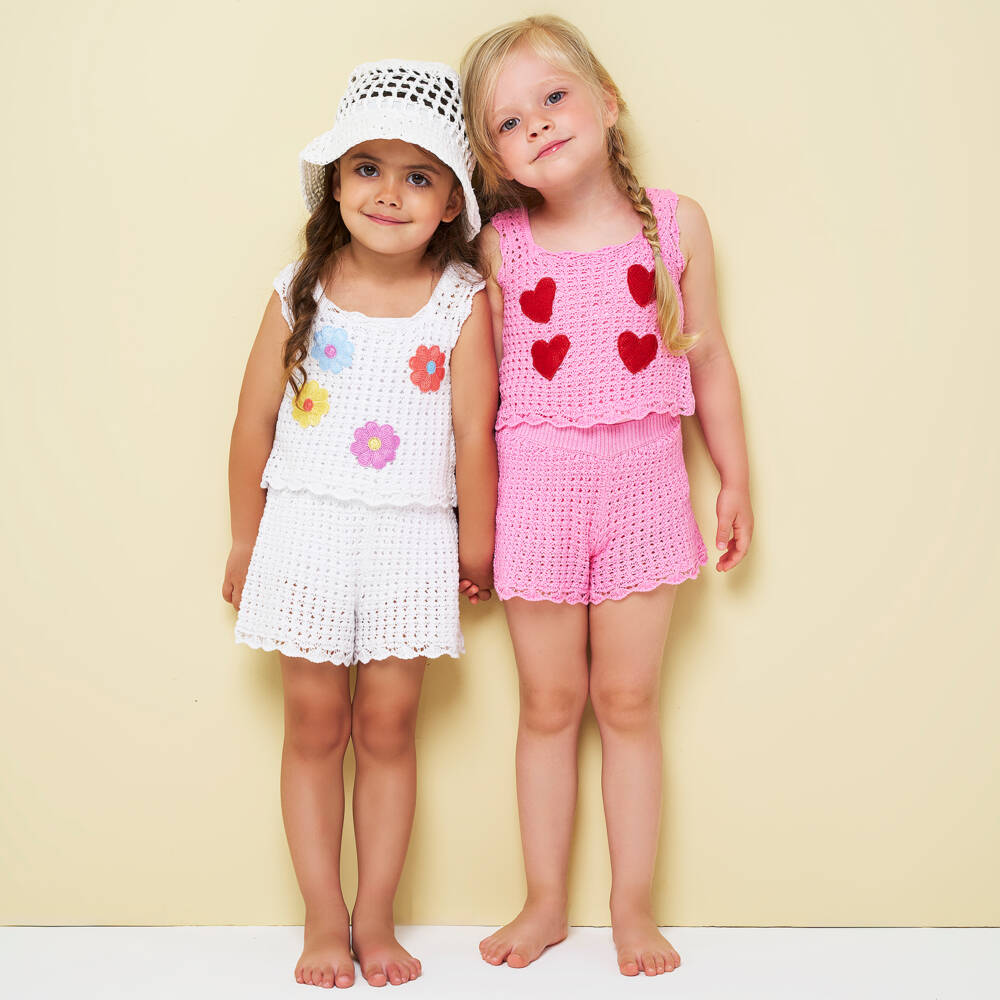 iDO-Girls White Cotton Crochet Knit Shorts Set | Childrensalon Outlet