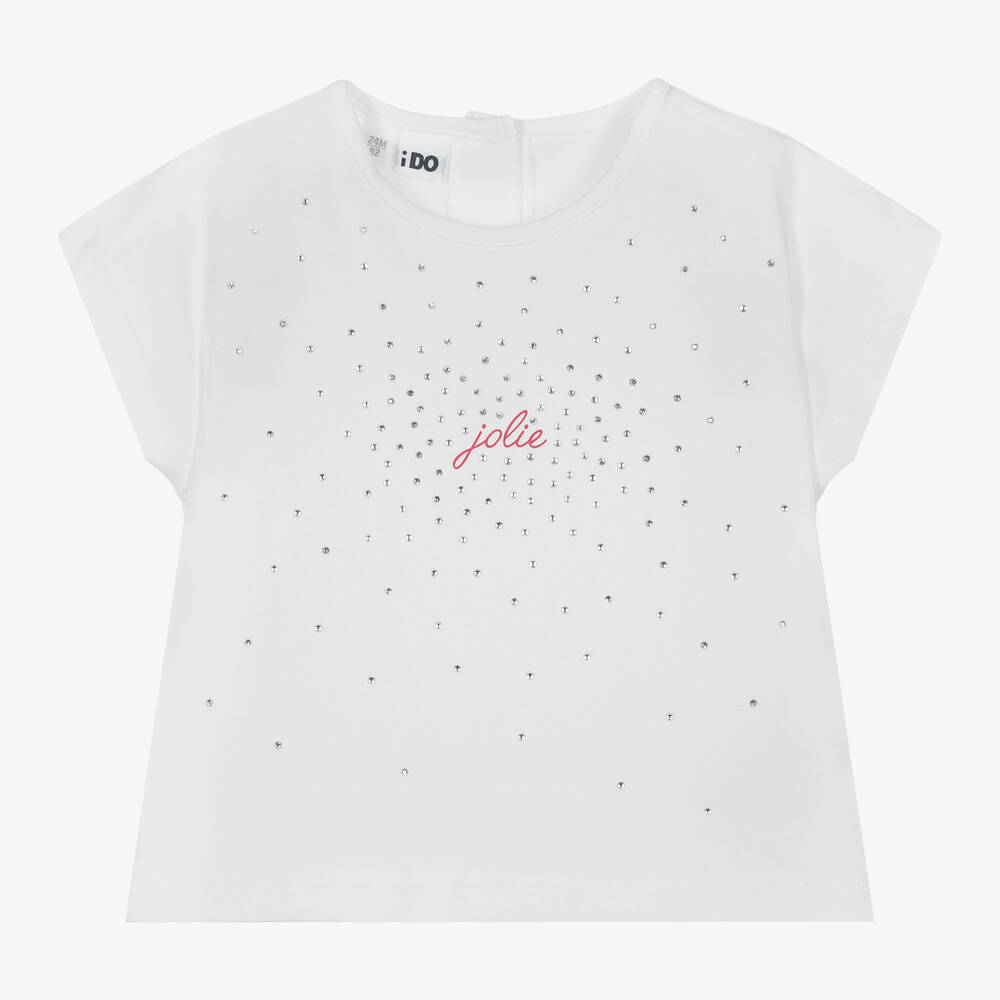 iDO Baby-Girls White Cotton Diamanté T-Shirt | Childrensalon Outlet
