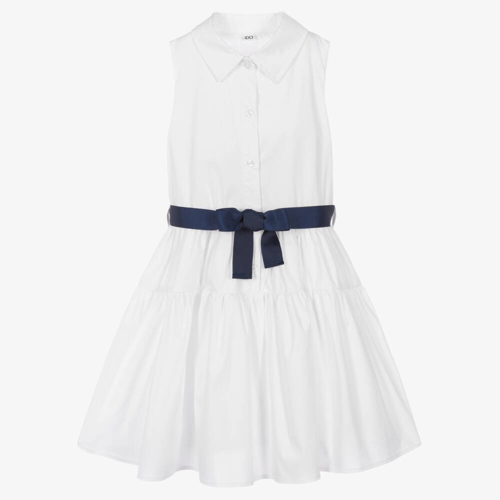 iDO-Girls White Cotton Dress with Blue Grosgrain Ribbon | Childrensalon Outlet