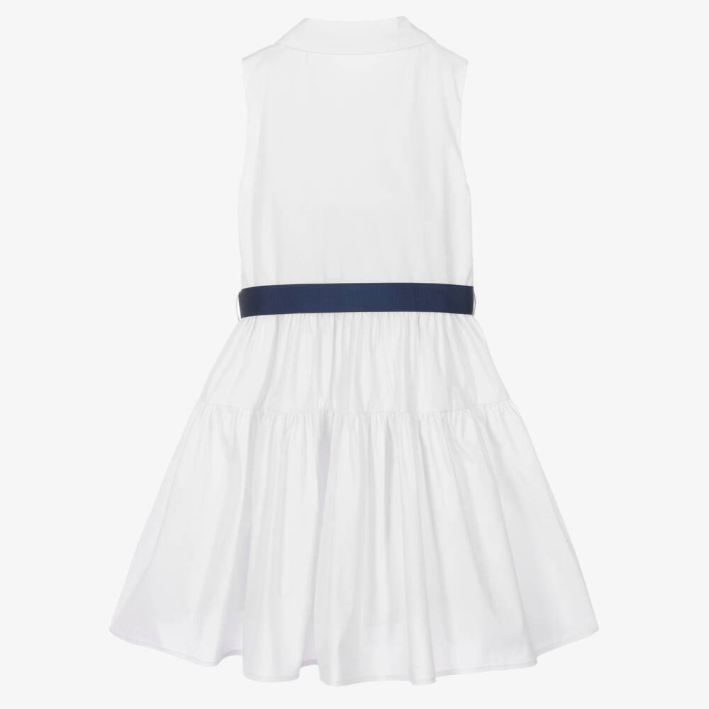 iDO-Girls White Cotton Dress with Blue Grosgrain Ribbon | Childrensalon Outlet
