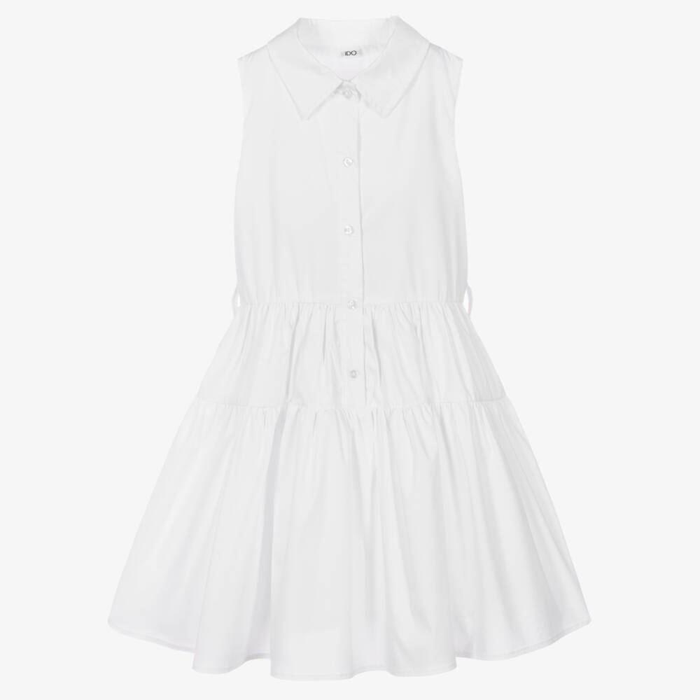 iDO-Girls White Cotton Dress with Blue Grosgrain Ribbon | Childrensalon Outlet