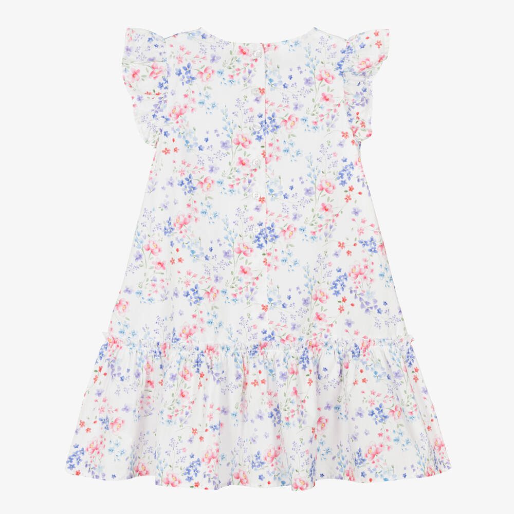 iDO-Girls White Cotton Dress with Blue & Pink Floral Pattern | Childrensalon Outlet