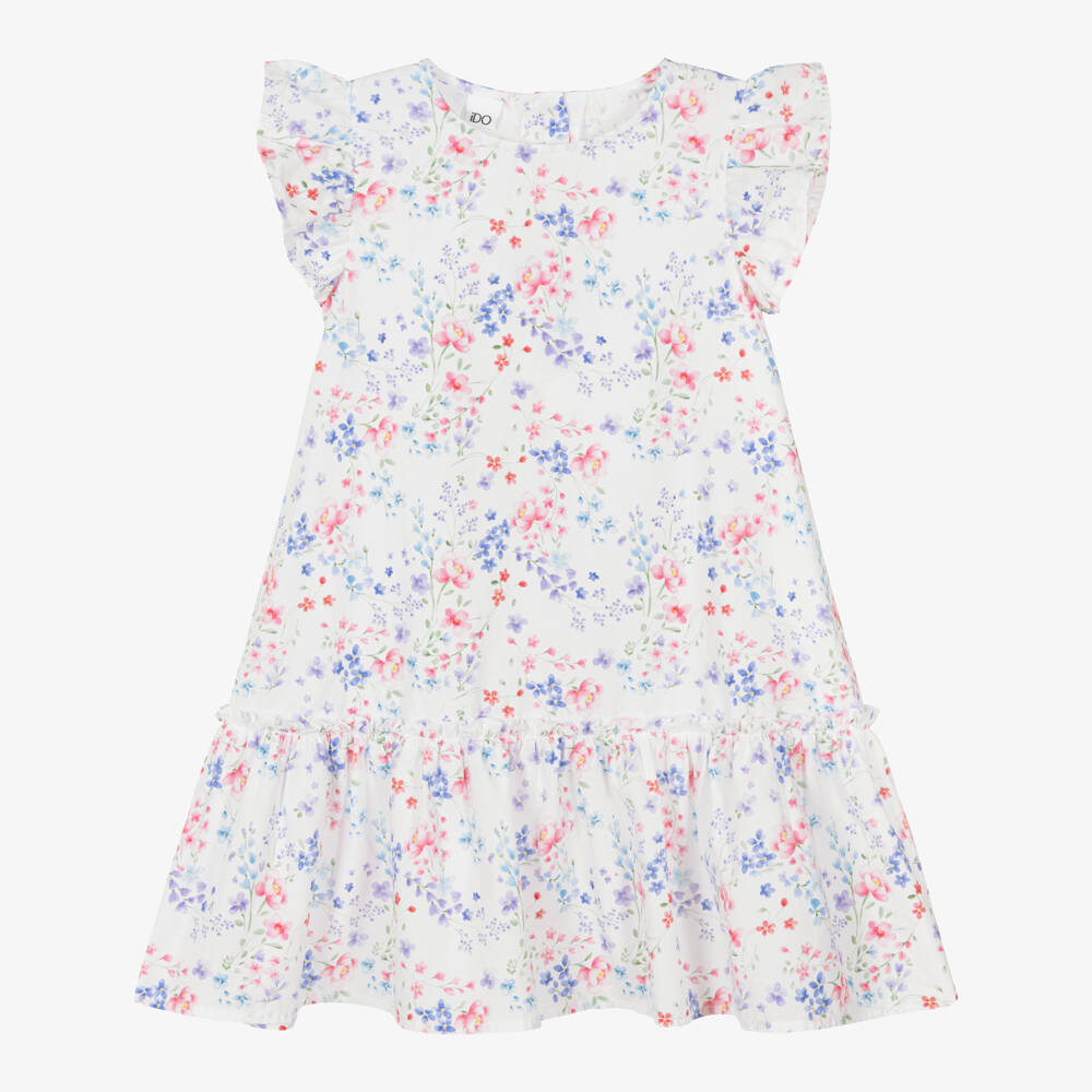 iDO-Girls White Cotton Dress with Blue & Pink Floral Pattern | Childrensalon Outlet