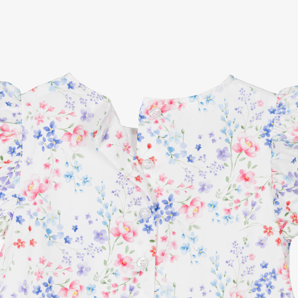 iDO-Girls White Cotton Dress with Blue & Pink Floral Pattern | Childrensalon Outlet