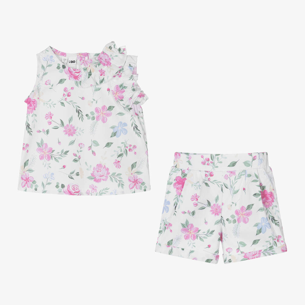 iDO Baby-Girls White Cotton Floral Shorts Set | Childrensalon Outlet