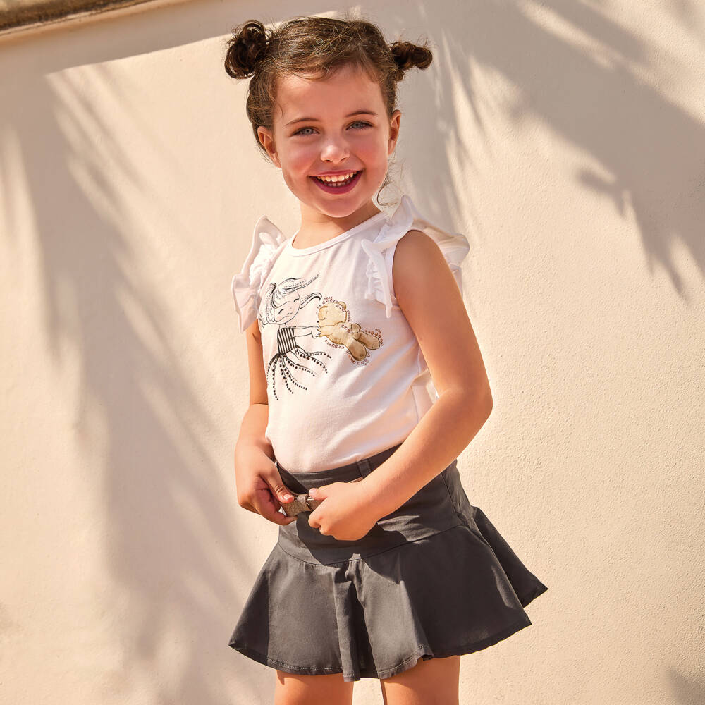 iDO-Girls White Cotton Girl & Teddy Bear Print T-Shirt | Childrensalon Outlet