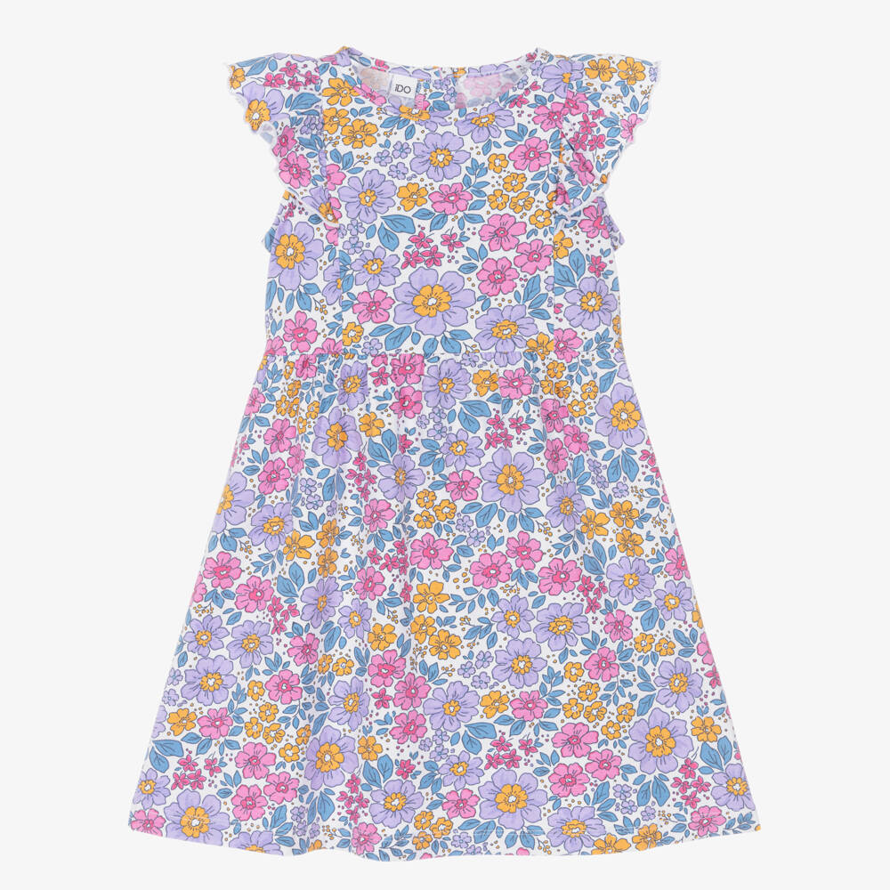 iDO-Girls White Cotton Jersey Dress with Purple Floral Pattern | Childrensalon Outlet
