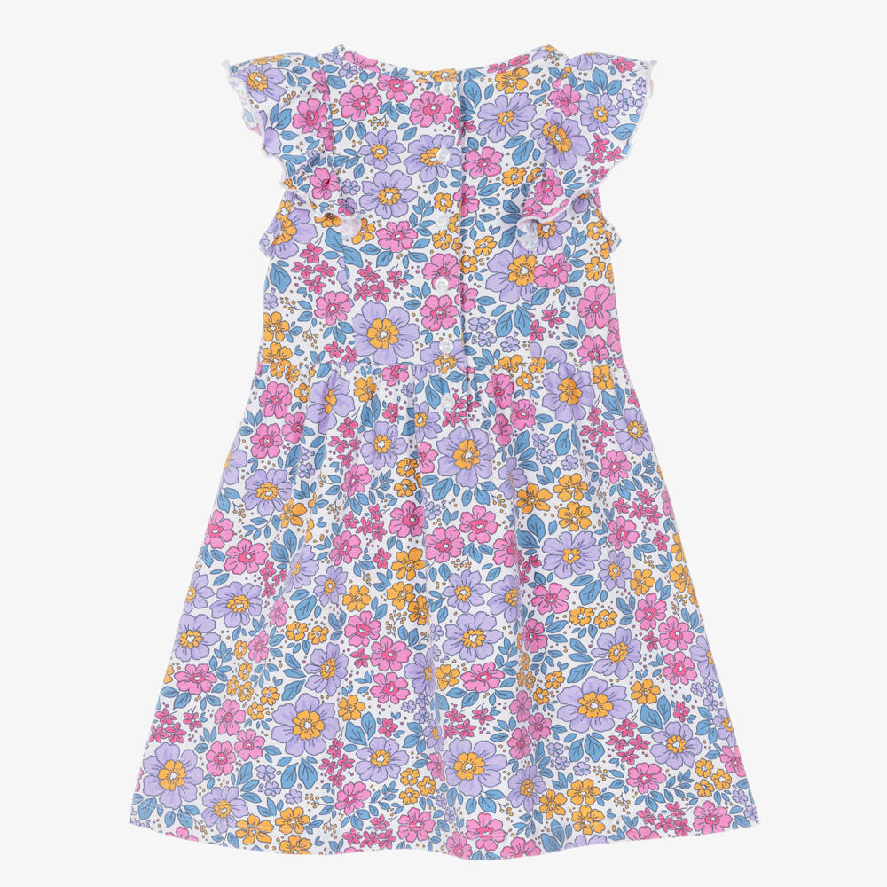 iDO-Girls White Cotton Jersey Dress with Purple Floral Pattern | Childrensalon Outlet
