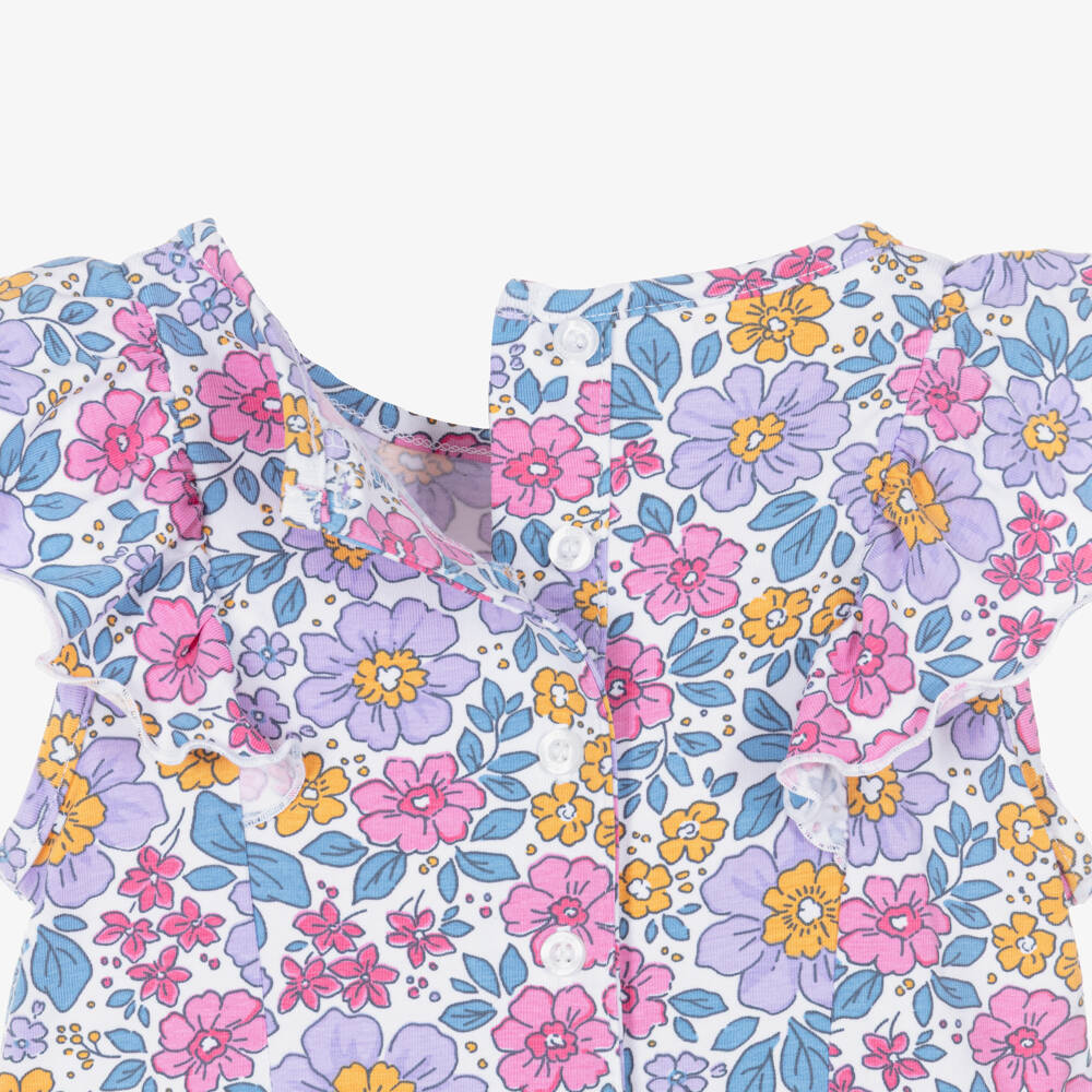 iDO-Girls White Cotton Jersey Dress with Purple Floral Pattern | Childrensalon Outlet