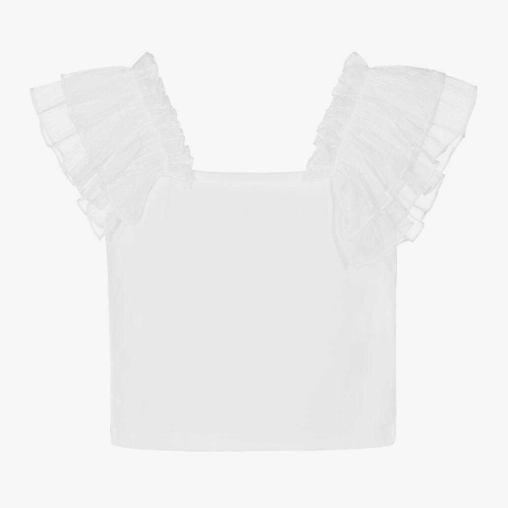 iDO Junior-Girls White Cotton Ruffle Top | Childrensalon Outlet