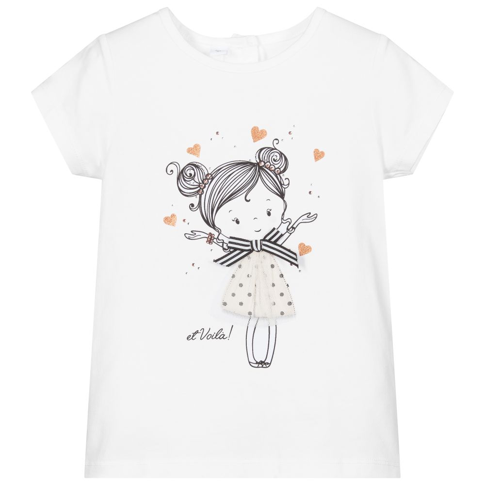 iDO Baby - Girls White Cotton T-Shirt | Childrensalon