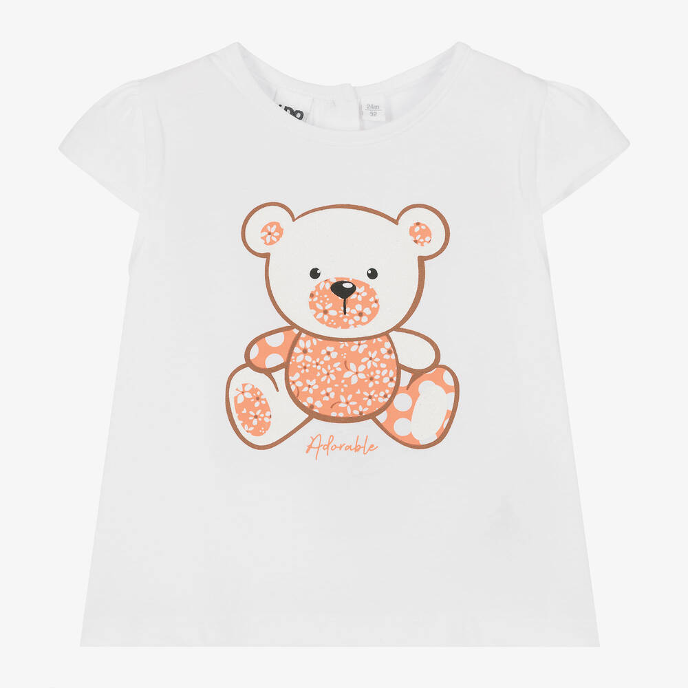 Girls White Cotton Teddy Bear T Shirt