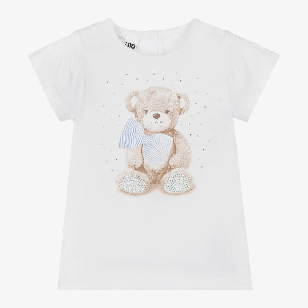 Girls White Cotton Teddy Bear T Shirt