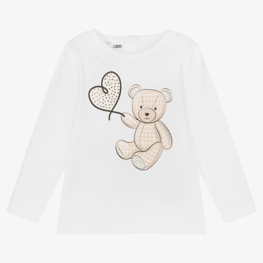 iDO Baby - Girls White Cotton Teddy Bear Top | Childrensalon
