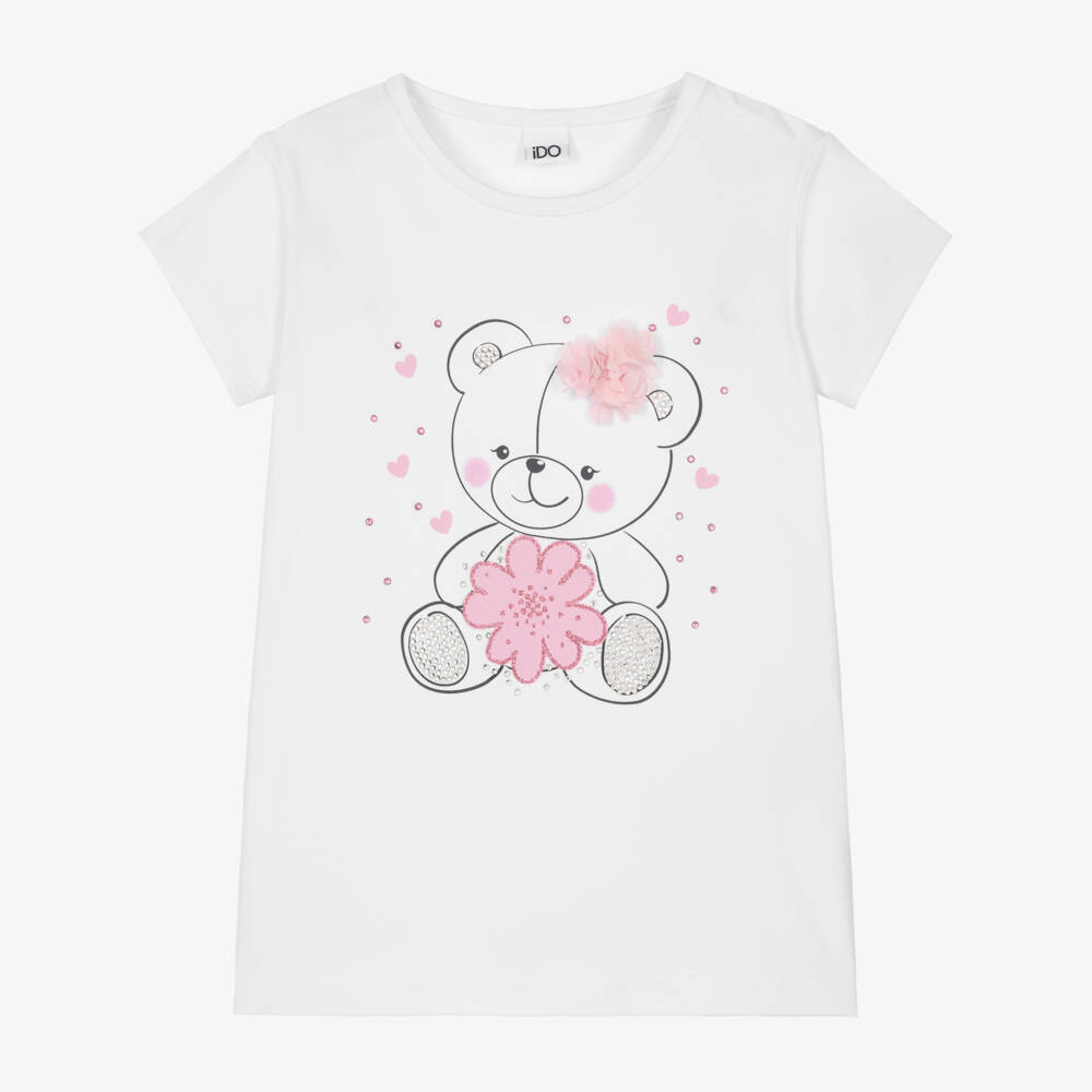iDO-Girls White Cotton Teddy T-Shirt with Diamantés | Childrensalon Outlet