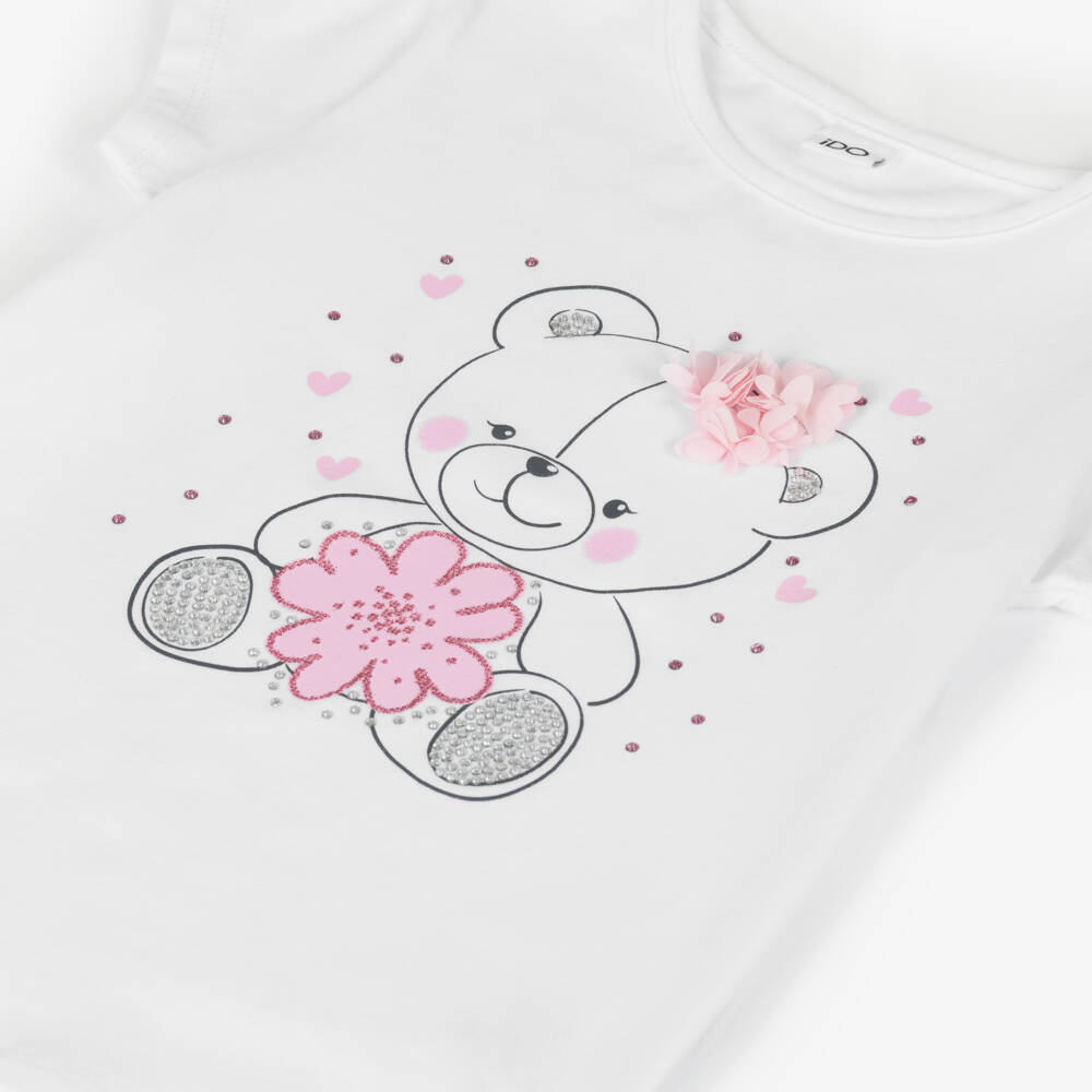 iDO-Girls White Cotton Teddy T-Shirt with Diamantés | Childrensalon Outlet