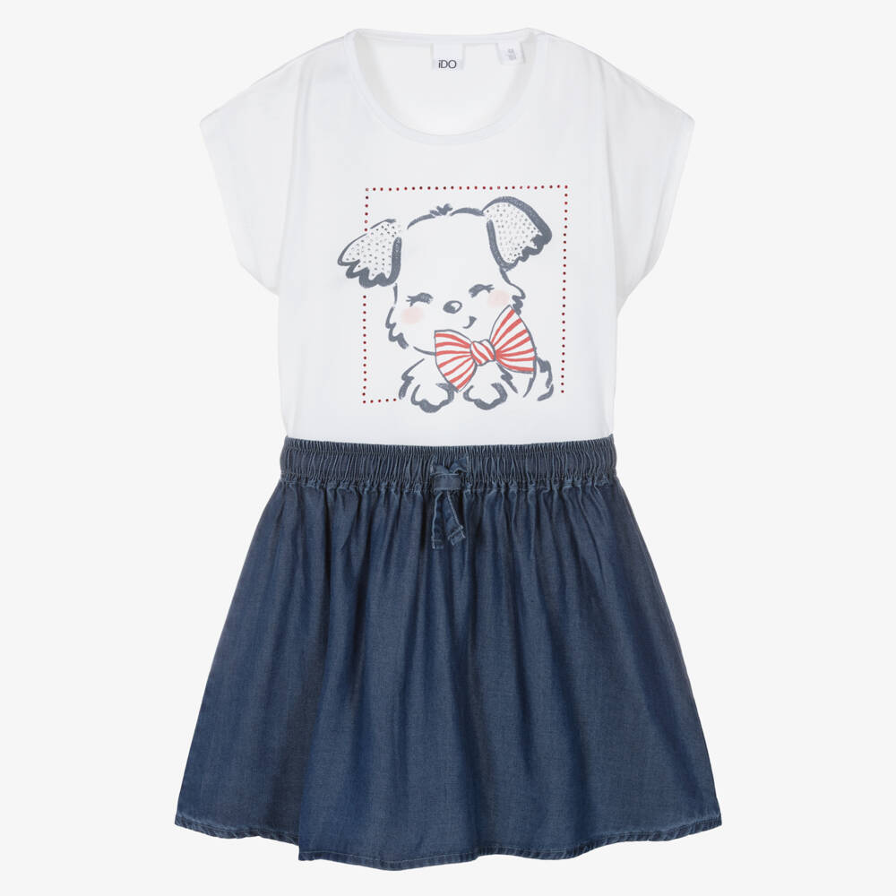 iDO-Girls White Cotton Top & Blue Chambray Skirt Set | Childrensalon Outlet