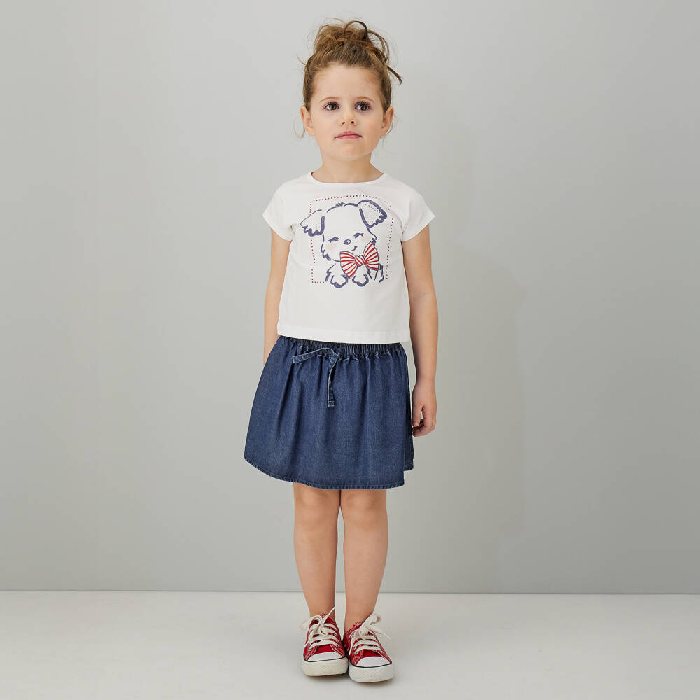 iDO-Girls White Cotton Top & Blue Chambray Skirt Set | Childrensalon Outlet