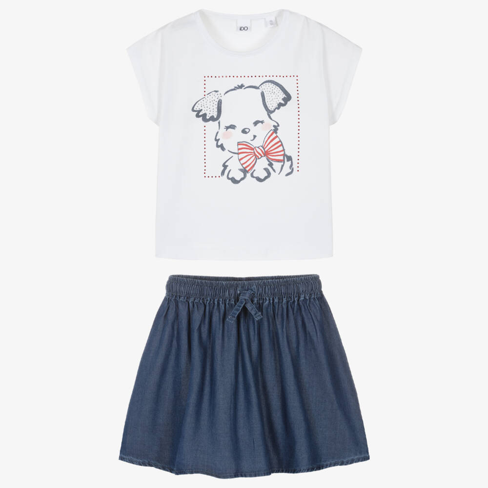 iDO-Girls White Cotton Top & Blue Chambray Skirt Set | Childrensalon Outlet