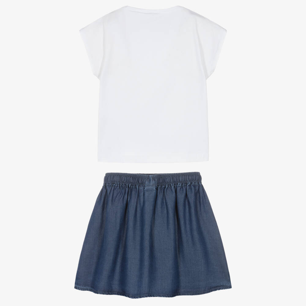 iDO-Girls White Cotton Top & Blue Chambray Skirt Set | Childrensalon Outlet