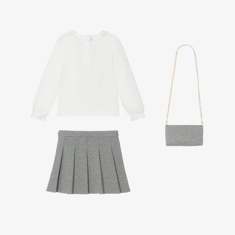 iDO-Girls White Embellished Top & Grey Pleated Skirt Set | Childrensalon Outlet