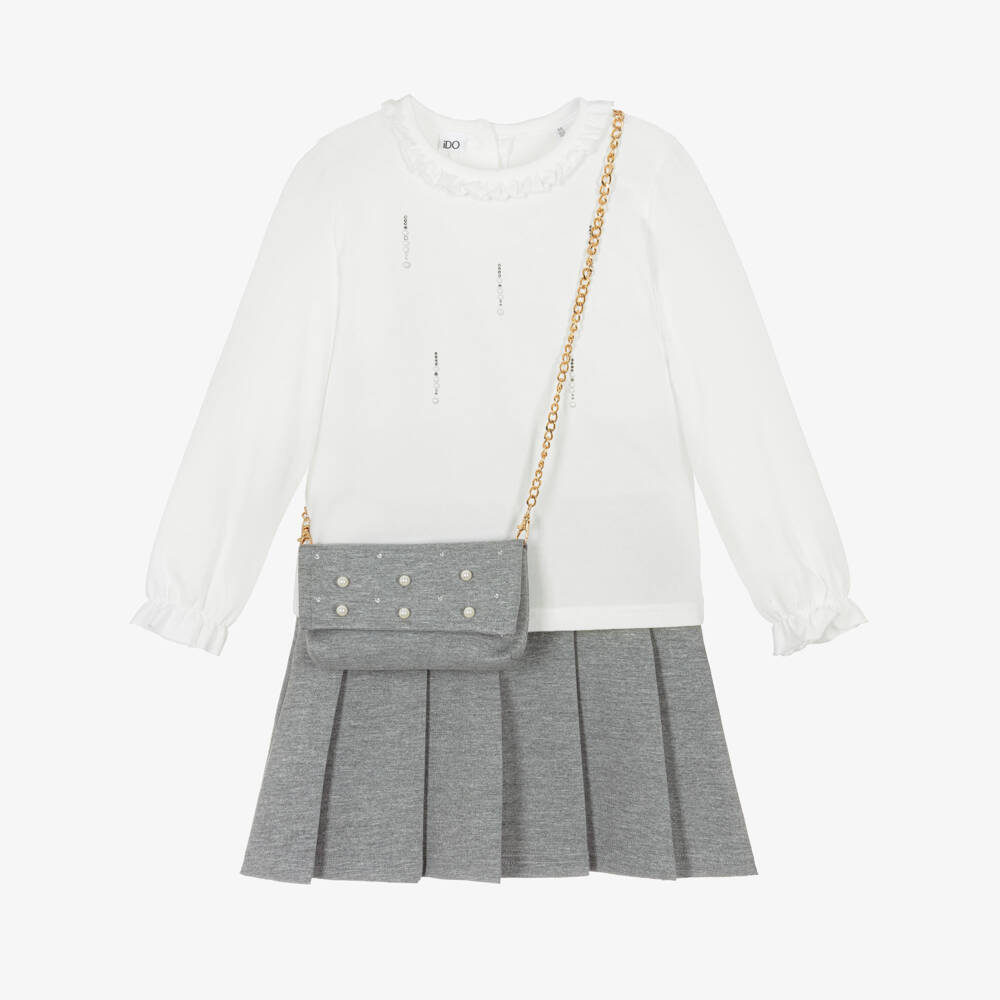 iDO-Girls White Embellished Top & Grey Pleated Skirt Set | Childrensalon Outlet