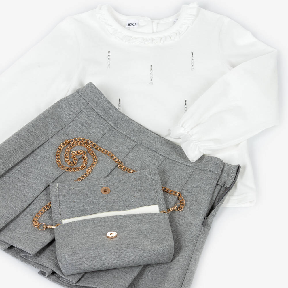 iDO-Girls White Embellished Top & Grey Pleated Skirt Set | Childrensalon Outlet