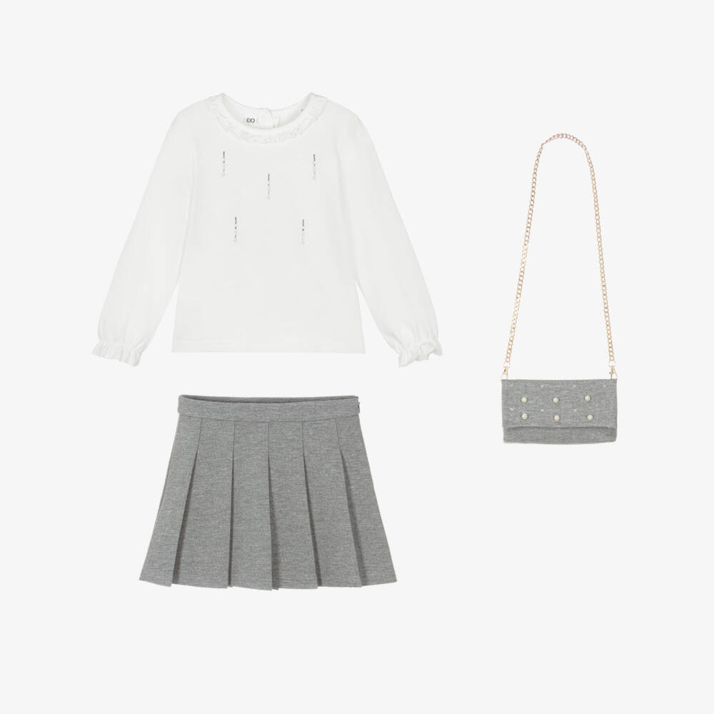 iDO-Girls White Embellished Top & Grey Pleated Skirt Set | Childrensalon Outlet