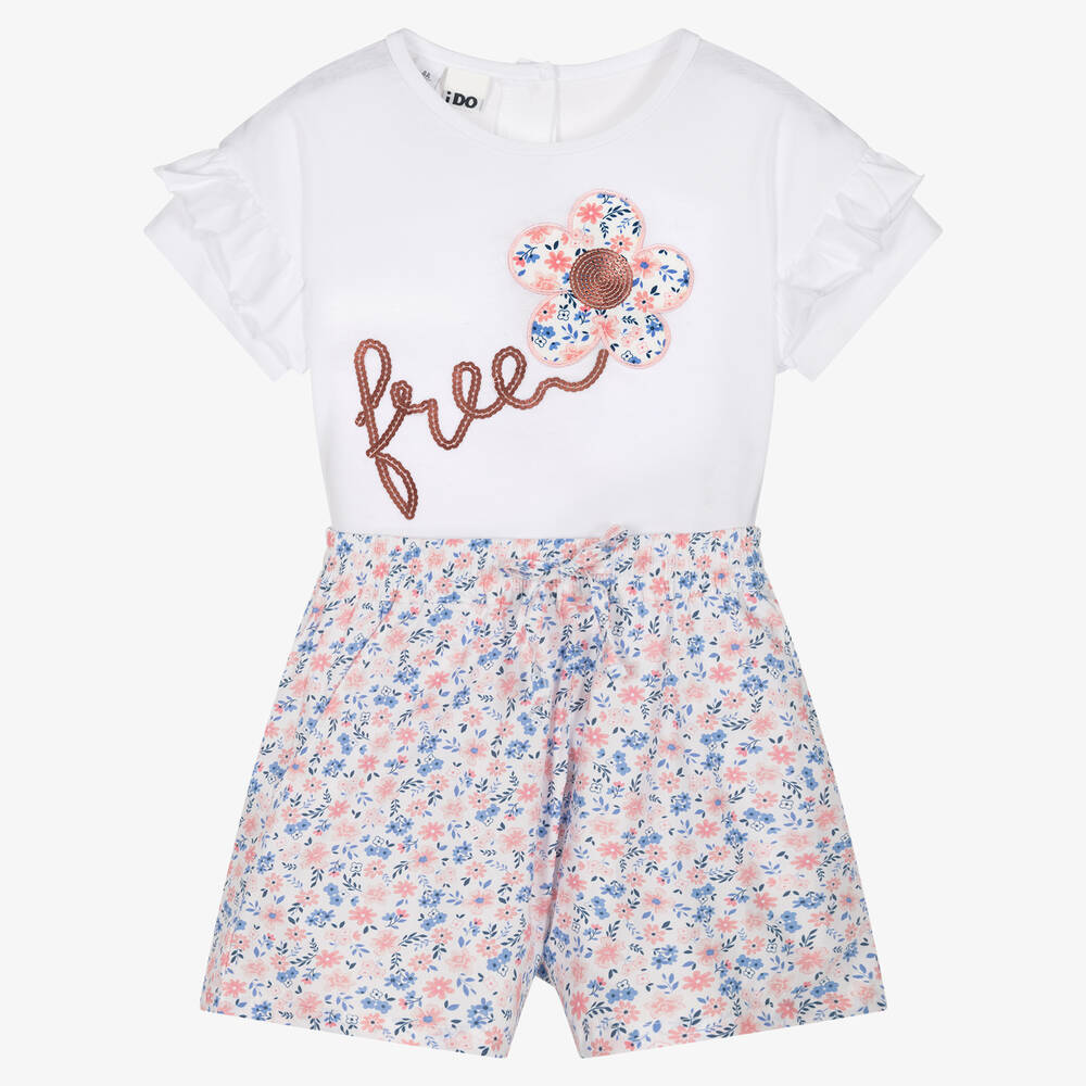 iDO Baby - Girls White Floral Cotton Shorts Set | Childrensalon