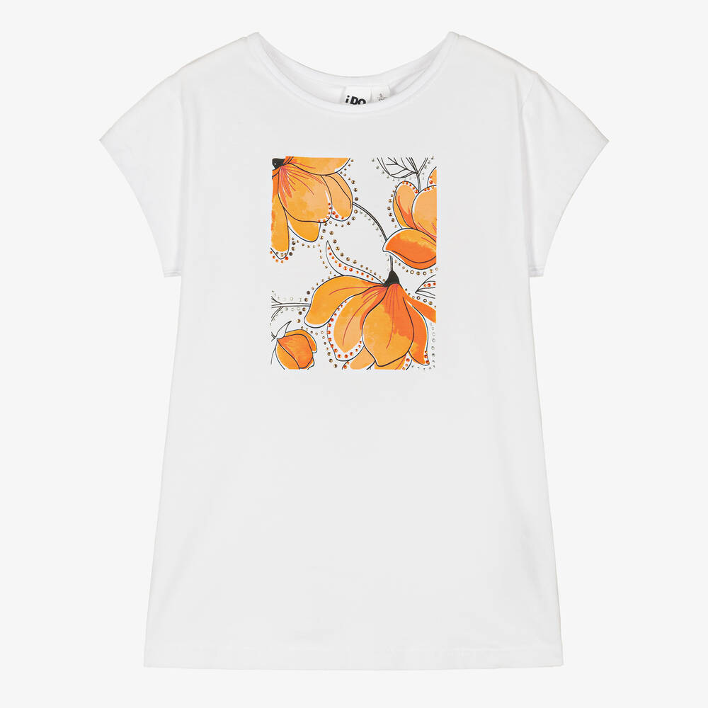 iDO Junior - Girls White Floral Cotton T-Shirt | Childrensalon