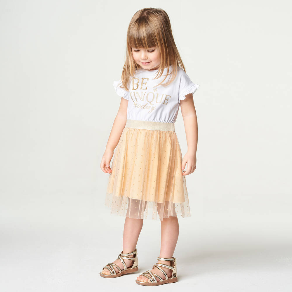 iDO Baby-Girls White & Gold Tulle Dress | Childrensalon Outlet