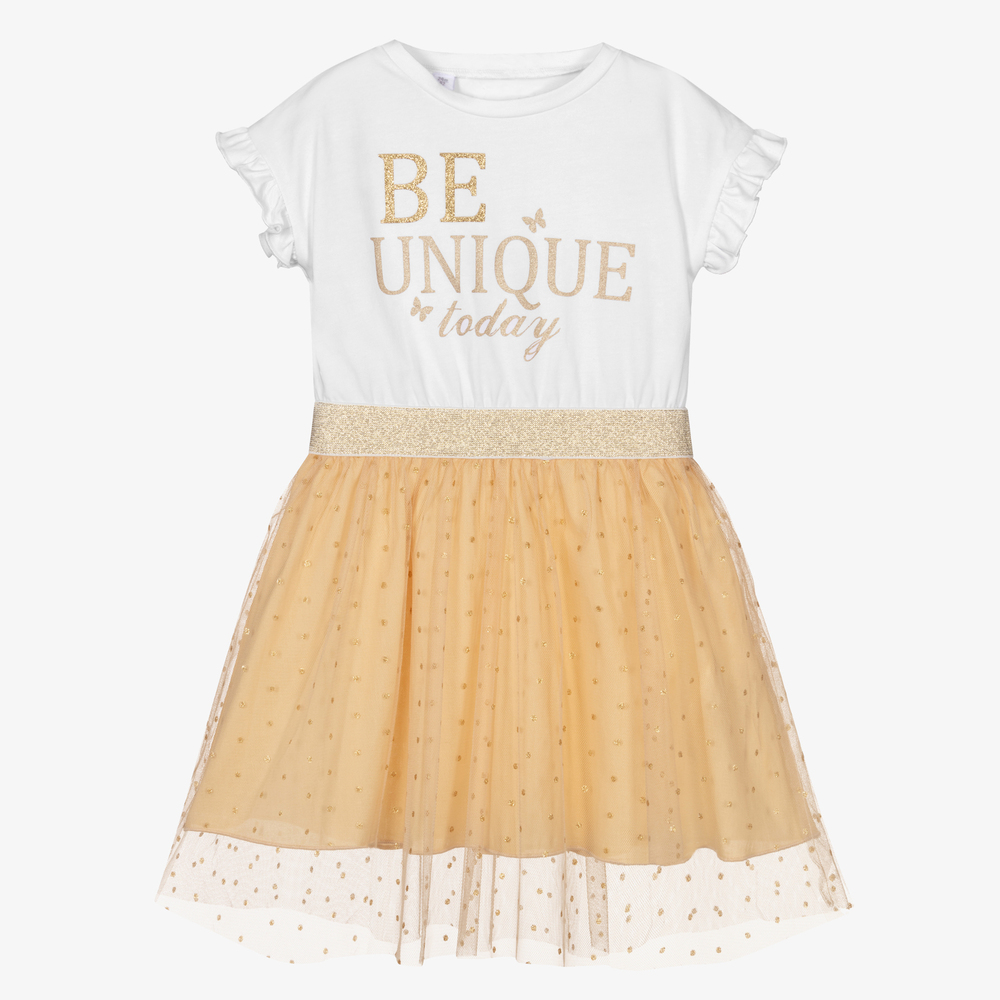 iDO Baby - Robe blanche/tulle doré Fille | Childrensalon