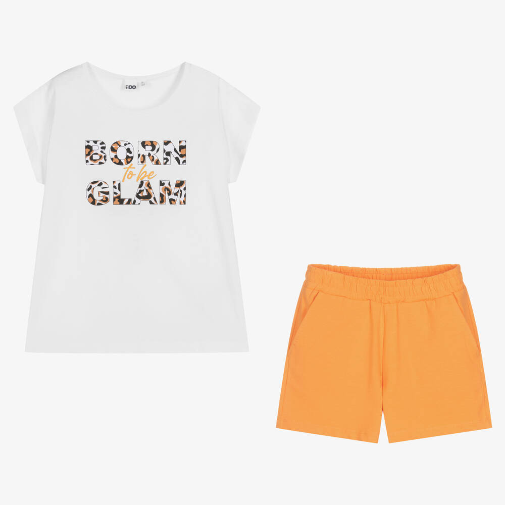 iDO Junior-طقم شورت قطن لون أبيض وبرتقالي للبنات | Childrensalon Outlet