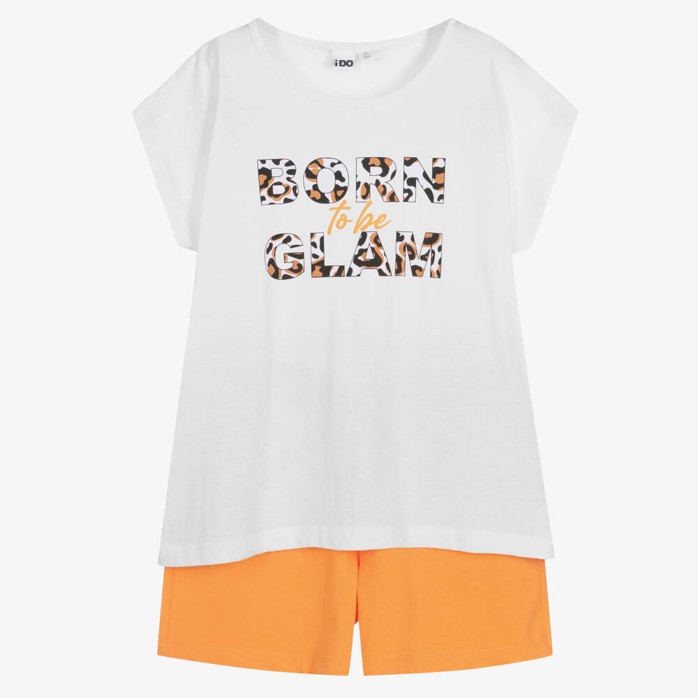 iDO Junior - Girls White & Orange Cotton Shorts Set | Childrensalon
