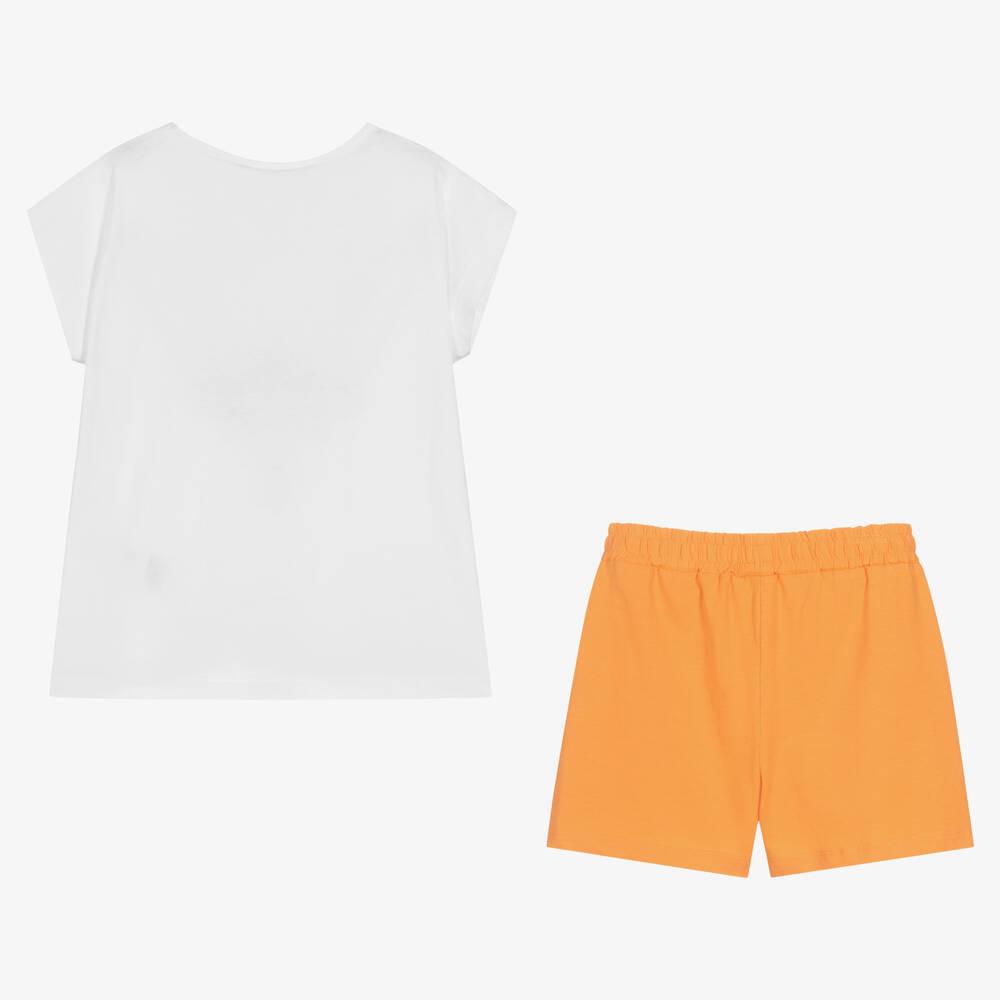 iDO Junior-طقم شورت قطن لون أبيض وبرتقالي للبنات | Childrensalon Outlet