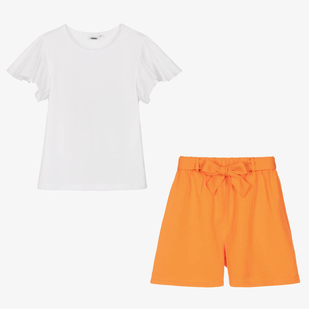 iDO Junior-Girls White & Orange Shorts Set | Childrensalon Outlet