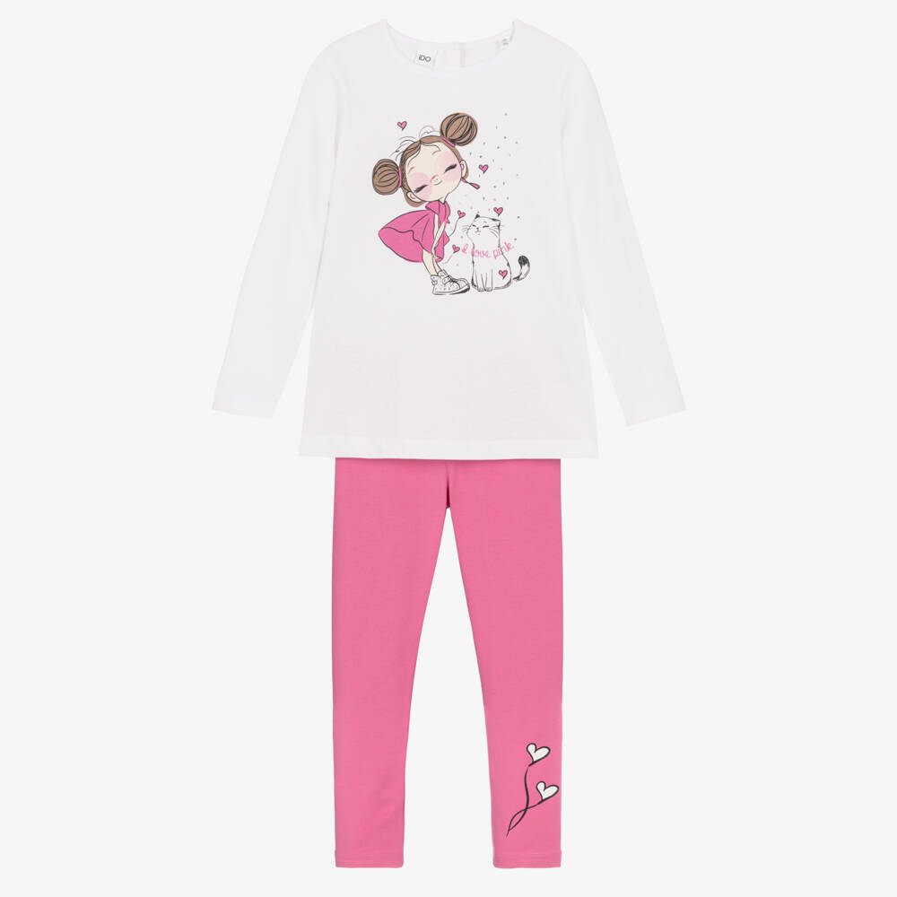 iDO-Girls White & Pink Cotton Leggings Set | Childrensalon Outlet