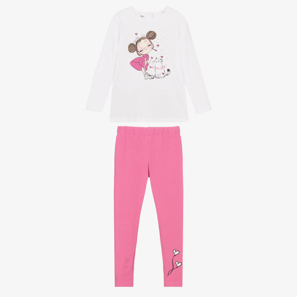 iDO-Girls White & Pink Cotton Leggings Set | Childrensalon Outlet