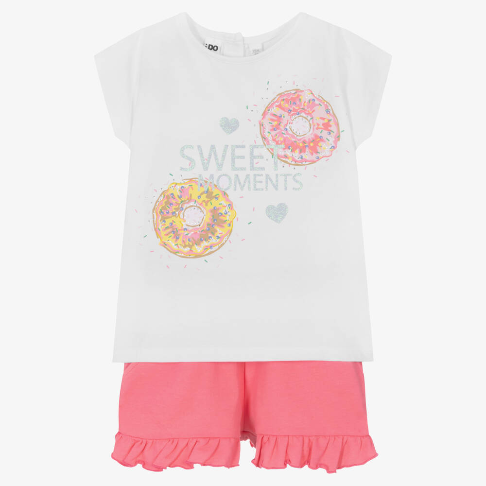 iDO Baby - Girls White & Pink Cotton Shorts Set | Childrensalon