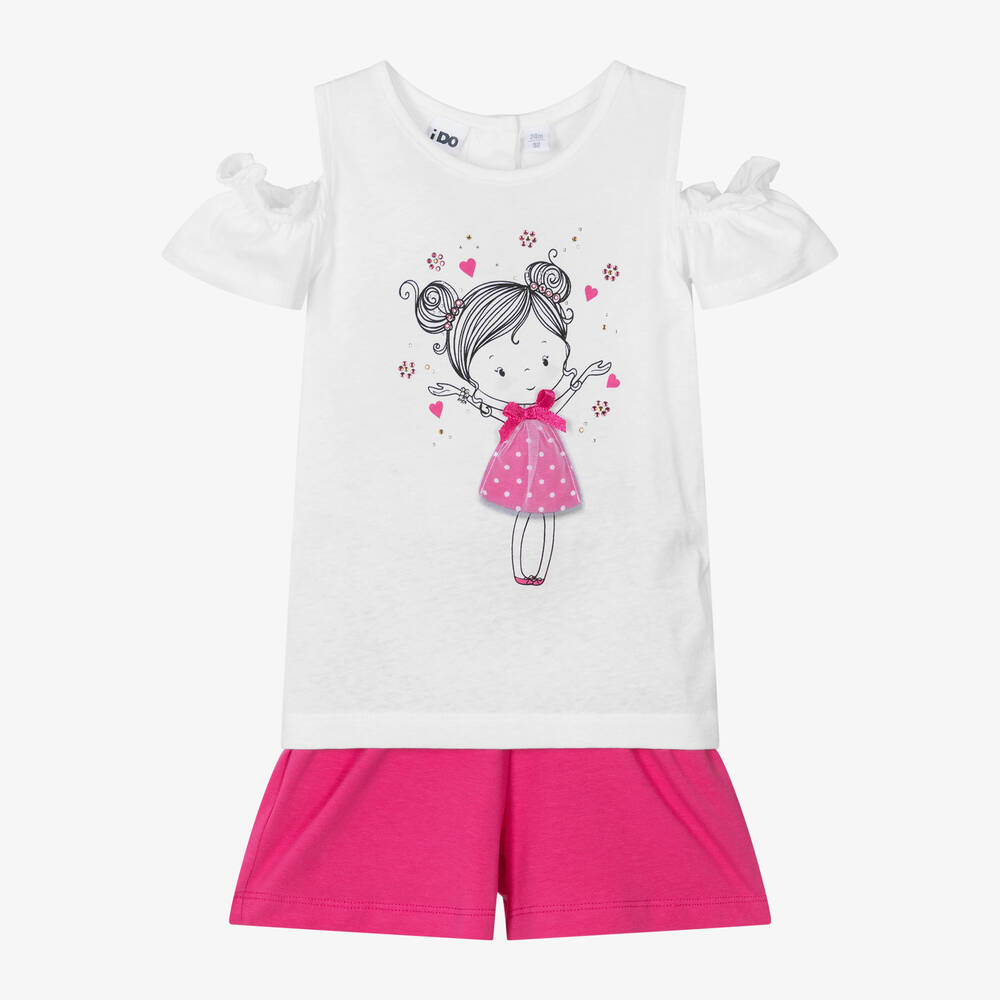 iDO Baby-Girls White & Pink Cotton Shorts Set | Childrensalon Outlet