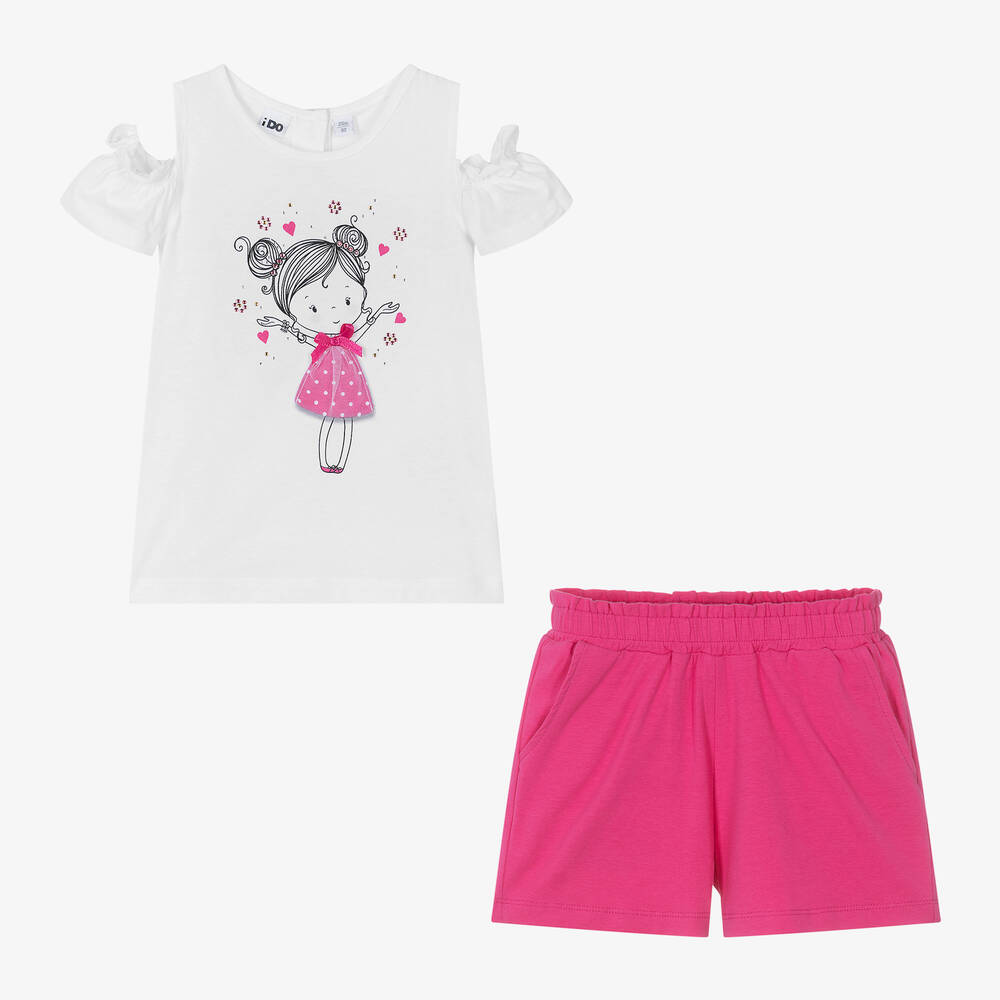 iDO Baby-Girls White & Pink Cotton Shorts Set | Childrensalon Outlet
