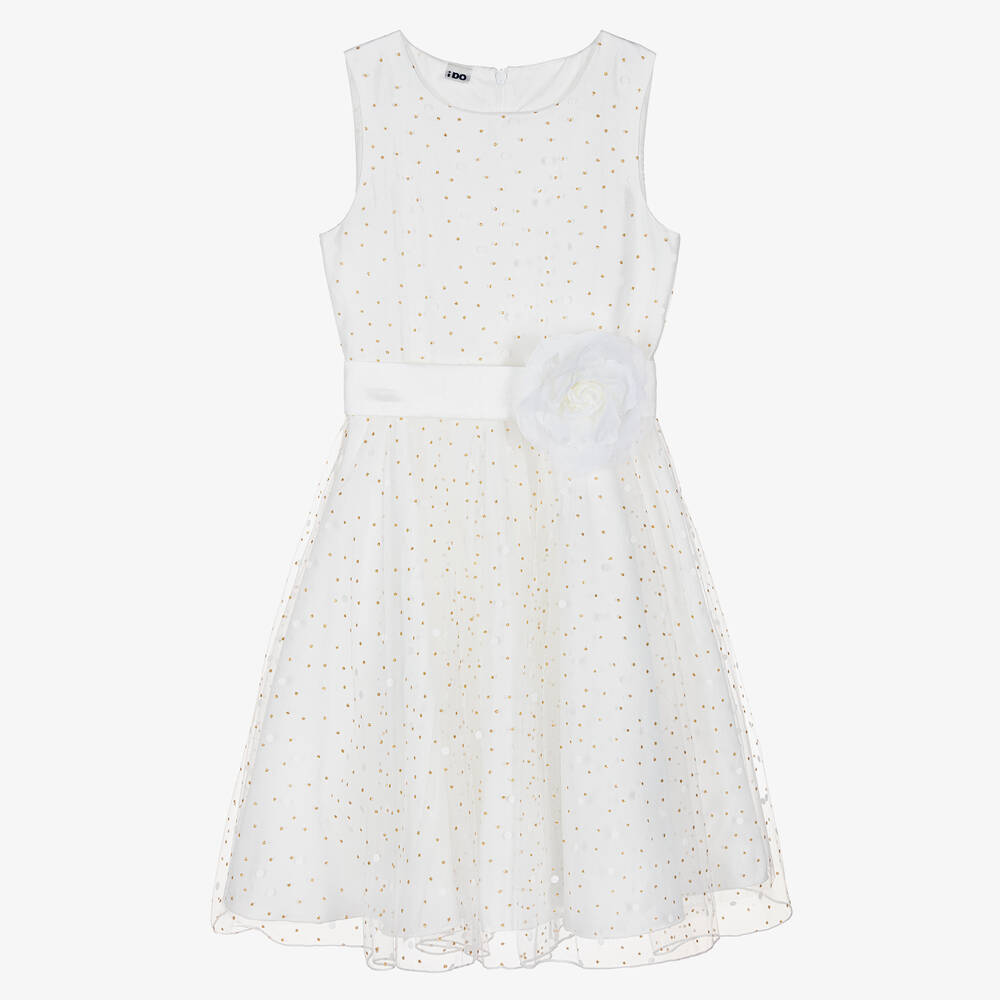 iDO Junior - Girls White Polka Dot Tulle Dress | Childrensalon