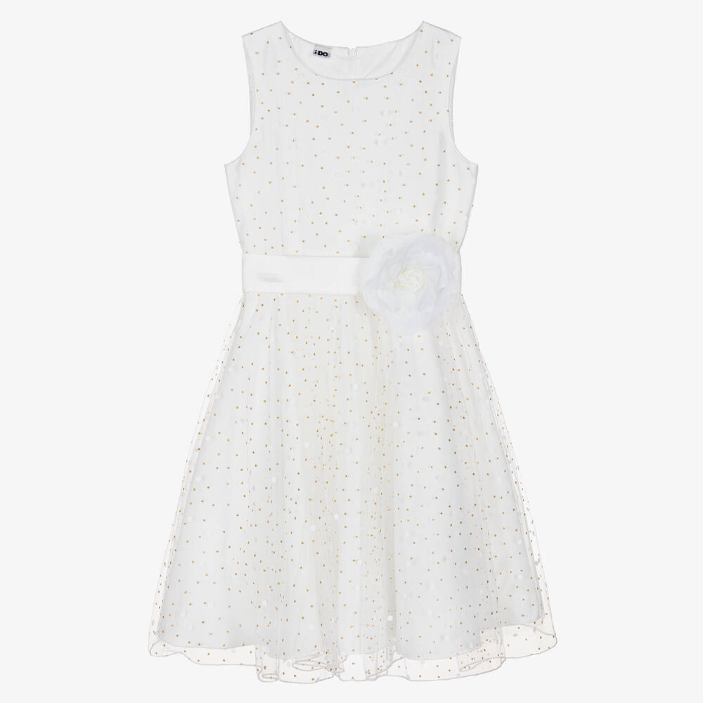 iDO Junior-Girls White Polka Dot Tulle Dress | Childrensalon Outlet