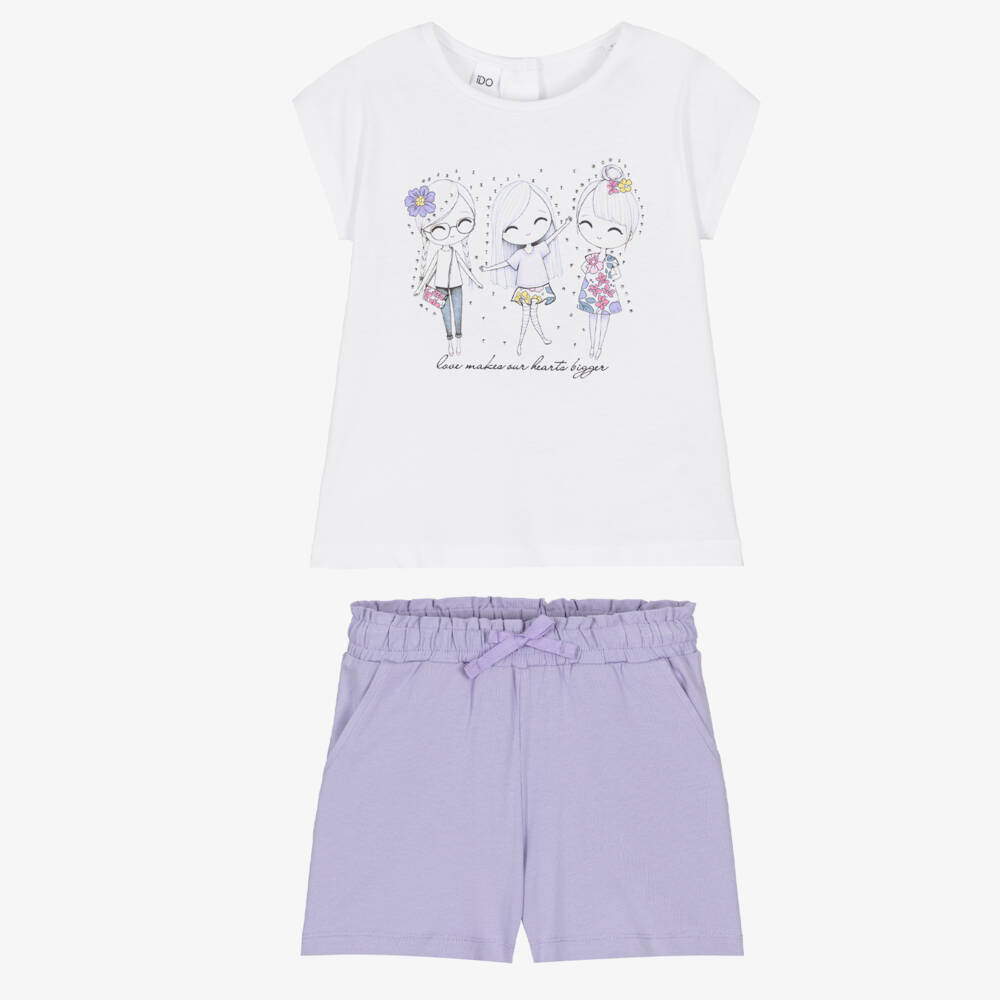 iDO-Girls White & Purple Cotton Shorts Set with Diamantés | Childrensalon Outlet