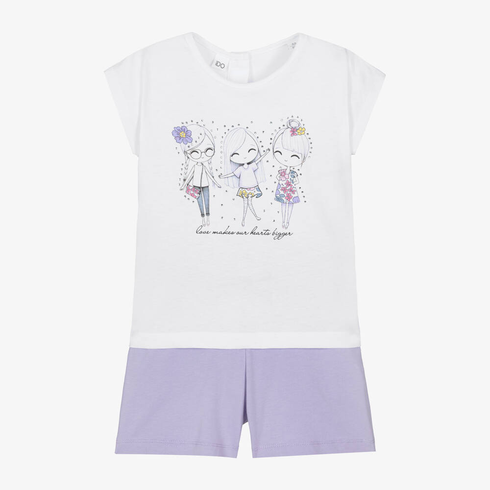 iDO-Girls White & Purple Cotton Shorts Set with Diamantés | Childrensalon Outlet