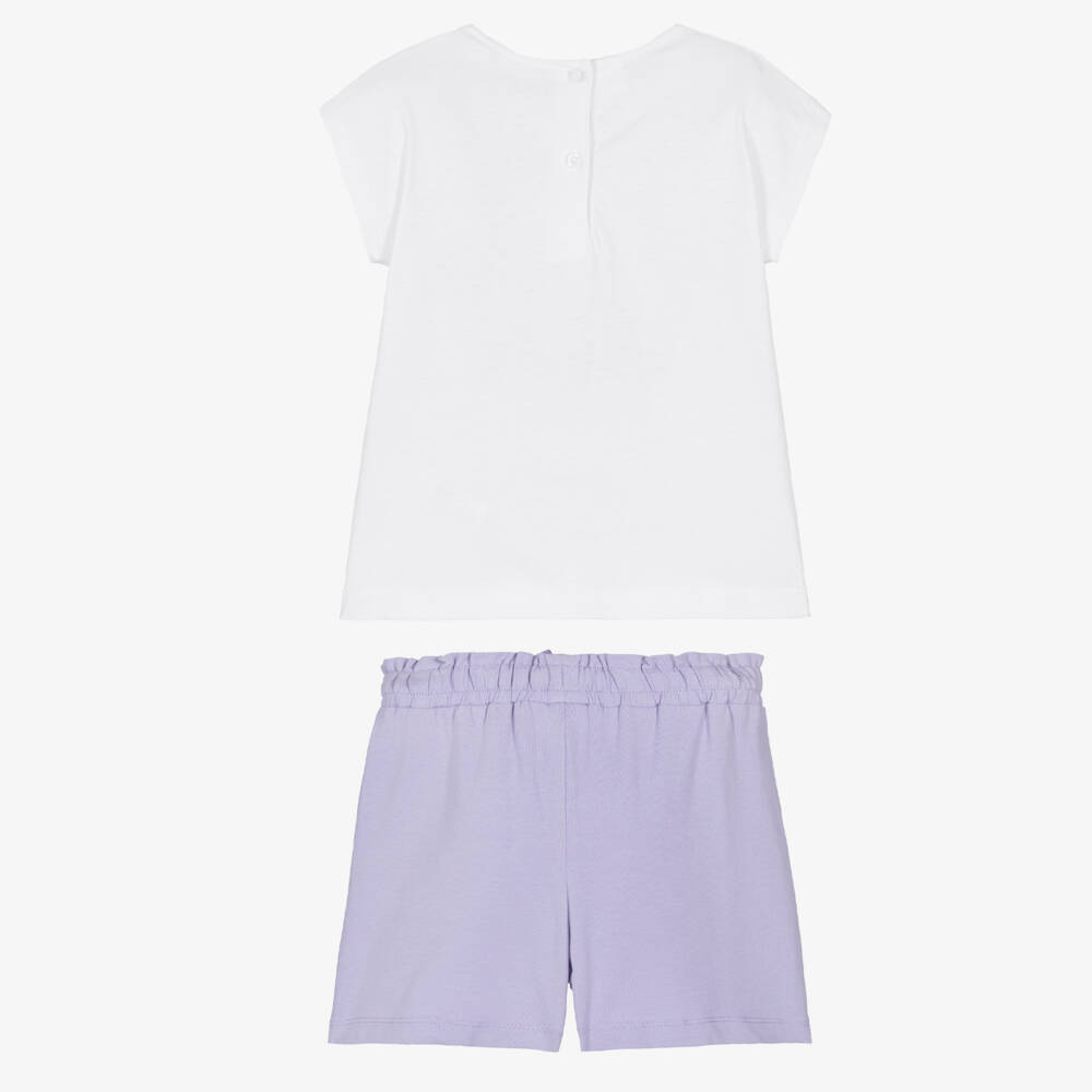iDO-Girls White & Purple Cotton Shorts Set with Diamantés | Childrensalon Outlet