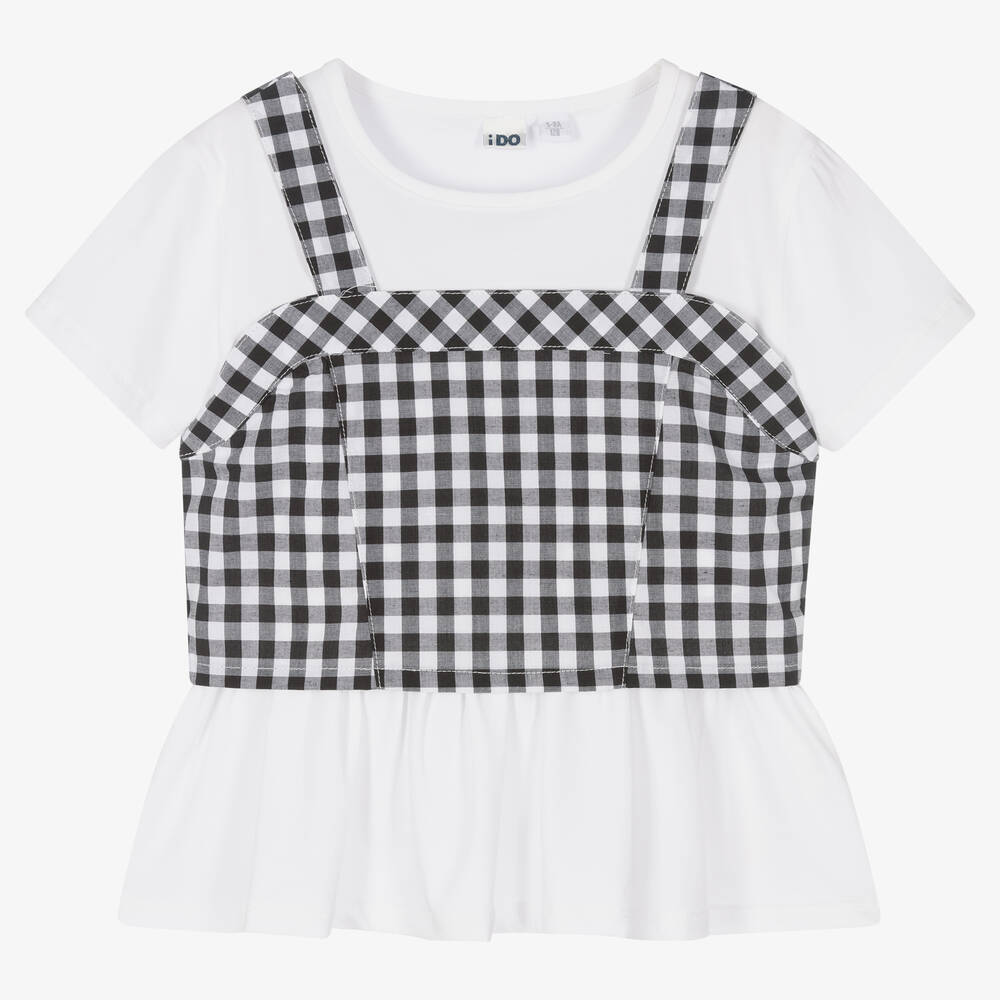 iDO Junior-Girls White T-Shirt & Gingham Crop Top | Childrensalon Outlet